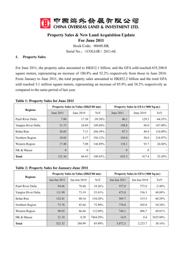 Property Sales & New Land Acquisition Update for June 2011