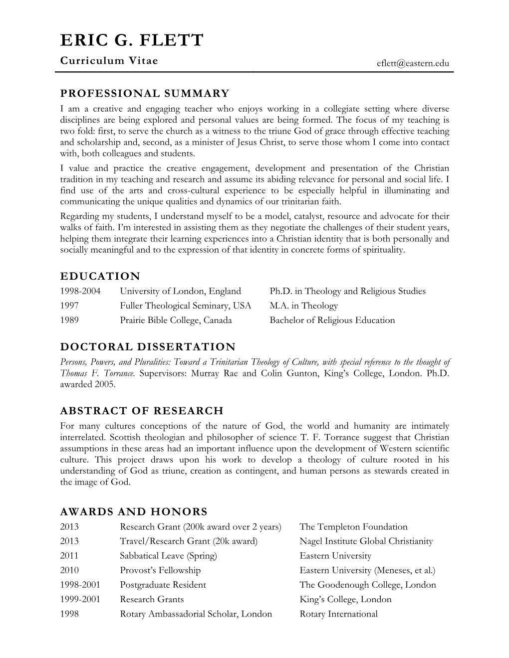 ERIC G. FLETT Curriculum Vitae Eflett@Eastern.Edu