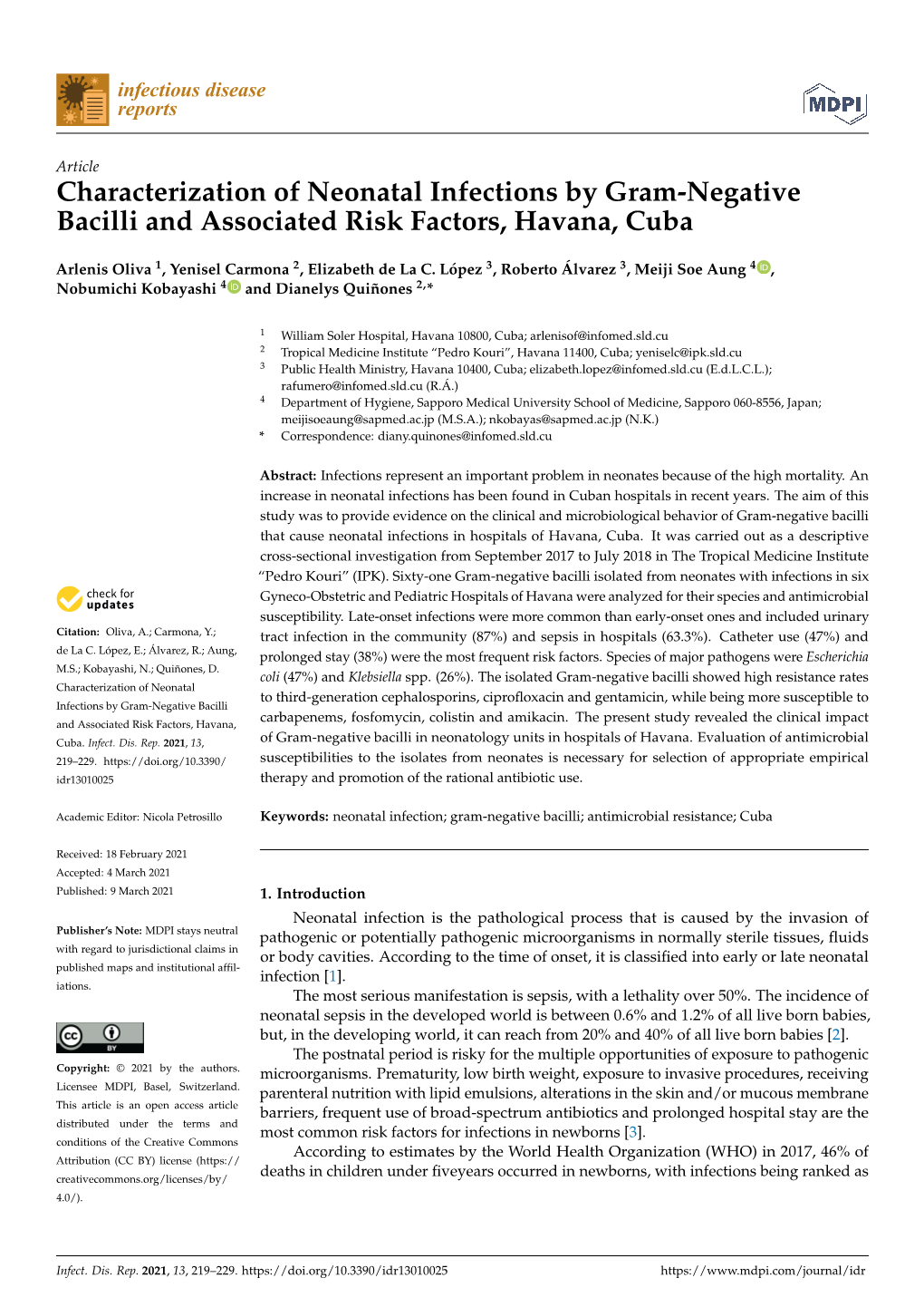 Characterization of Neonatal Infections by Gram-Negative Bacilli and Associated Risk Factors, Havana, Cuba