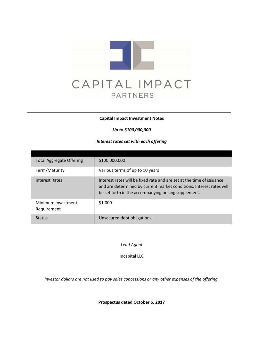 Capital Impact Investment Notes