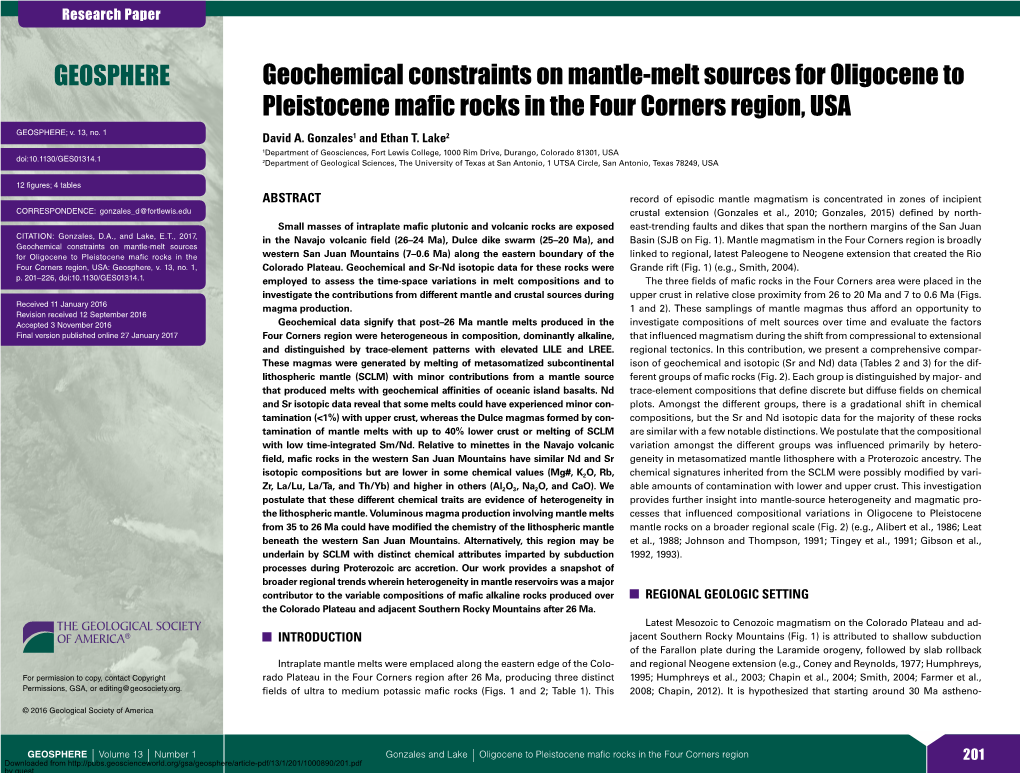 Geochemical Constraints on Mantle-Melt Sources for Oligocene to Pleistocene Mafic Rocks in the Four Corners Region, USA GEOSPHERE; V