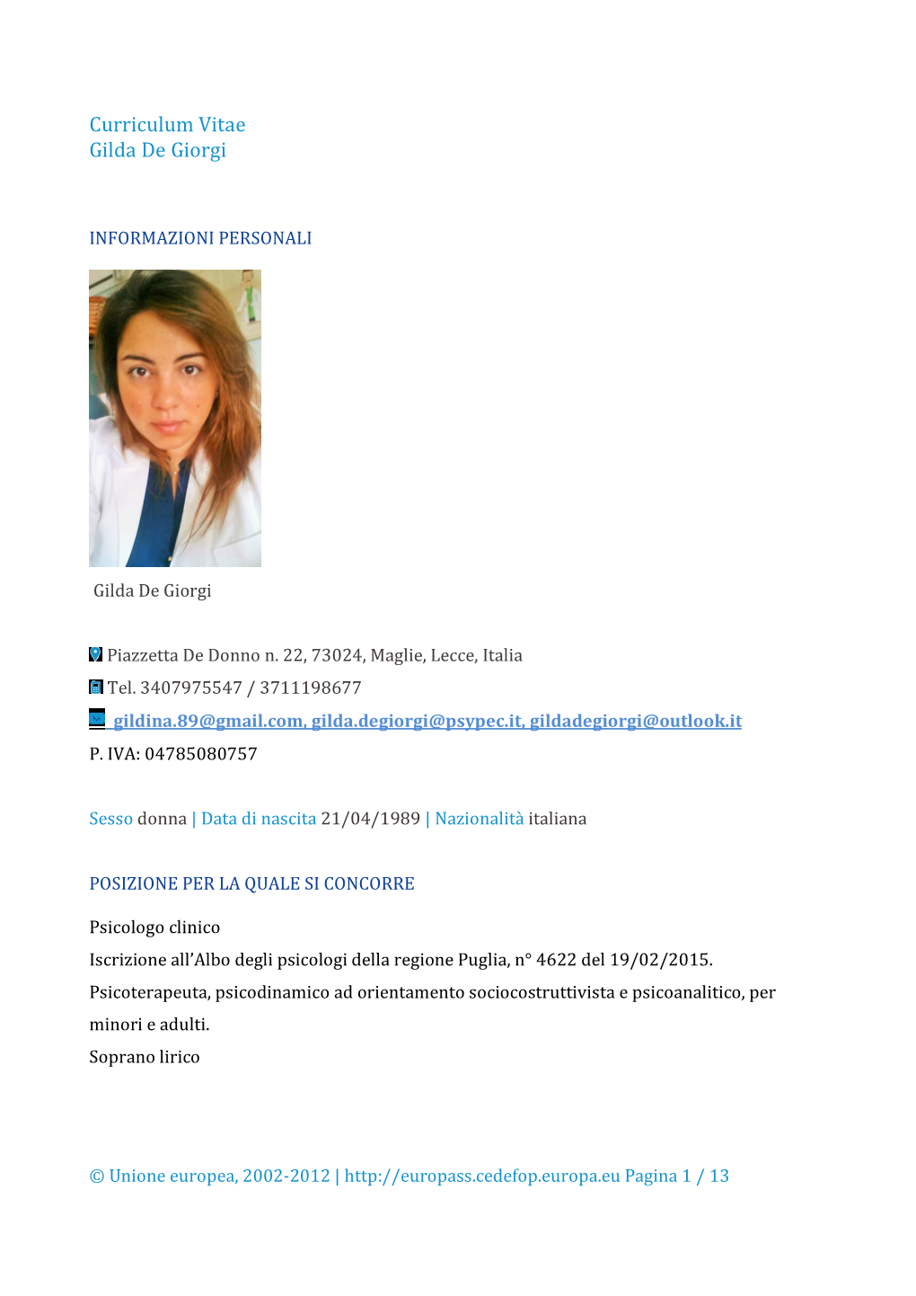 Curriculum Vitae Gilda De Giorgi