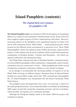 Island Pamphlets (Contents) the Original Back-Cover Synopses for Pamphlets 1–96