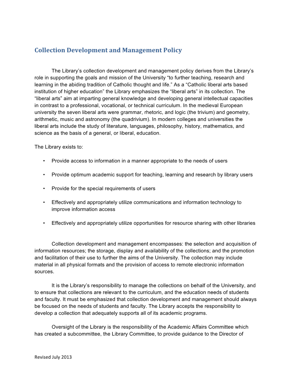 Collection Development and Management Policy