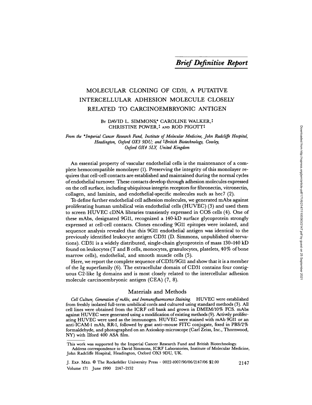 Molecular Cloning of CD31, a Putative Intercellular Adhesion Molecule Closely Related to Carcinoembryonic Antigen