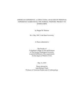 A Structural Analysis of Personal Experience Narratives, the Federal Writers‘ Project to Storycorps