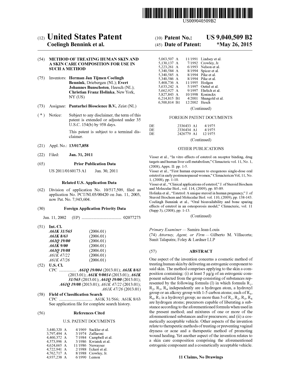 (12) United States Patent (10) Patent No.: US 9,040,509 B2 Coelingh Bennink Et Al
