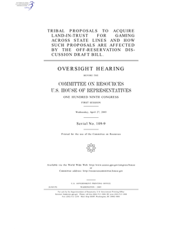 Oversight Hearing Committee on Resources Us House
