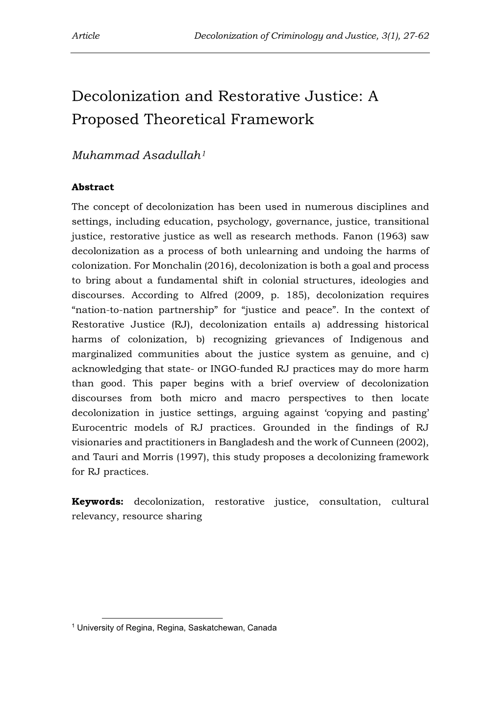 Decolonization and Restorative Justice: a Proposed Theoretical Framework