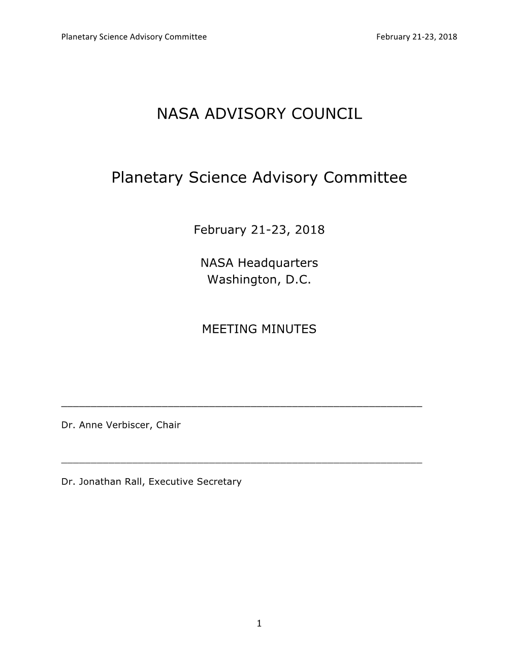 Planetary Science Advisory Committee February 21-23, 2018