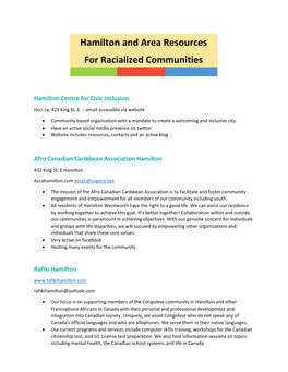 Hamilton and Area Resources for Racialized Communities