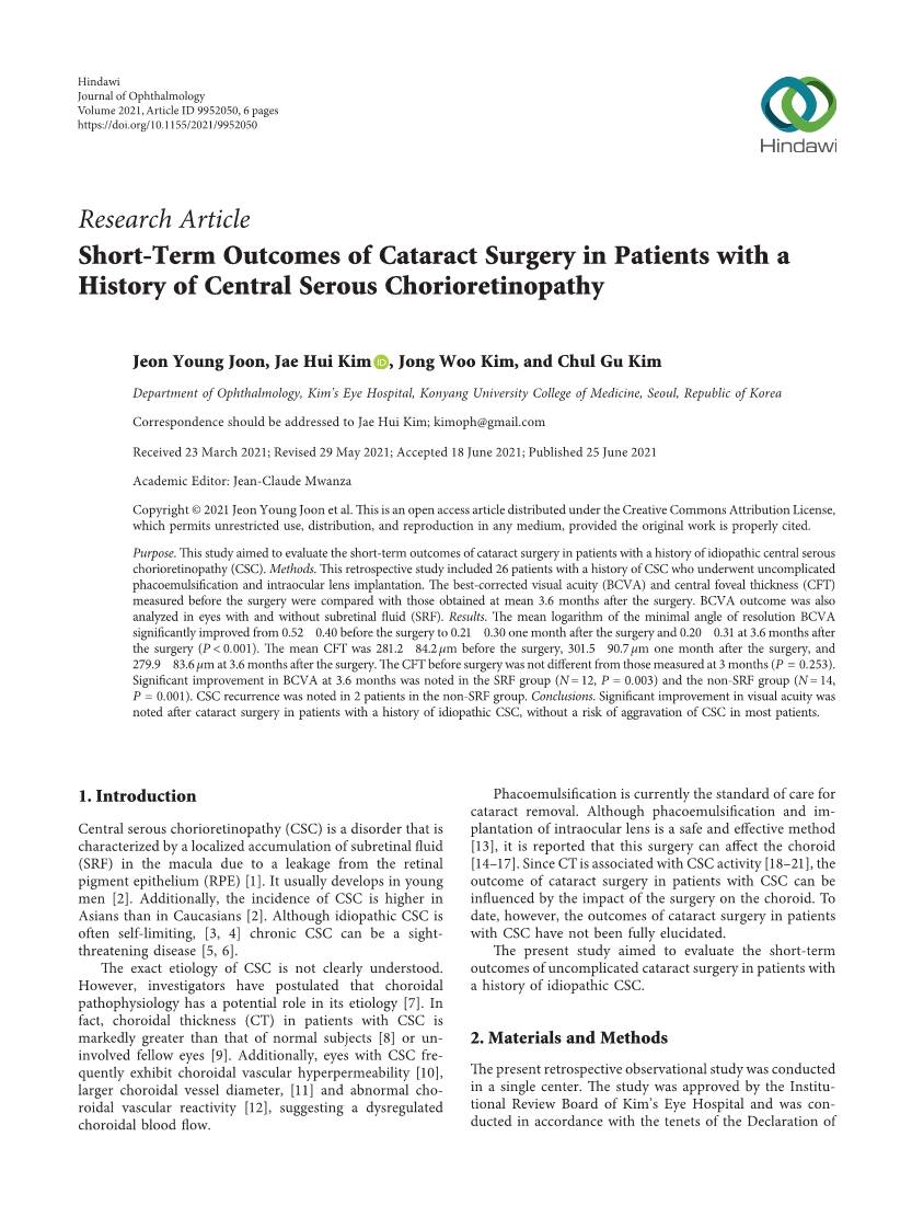 Short-Term Outcomes of Cataract Surgery in Patients with a History of Central Serous Chorioretinopathy