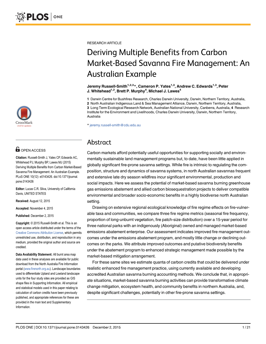 Deriving Multiple Benefits from Carbon Market-Based Savanna Fire Management: an Australian Example