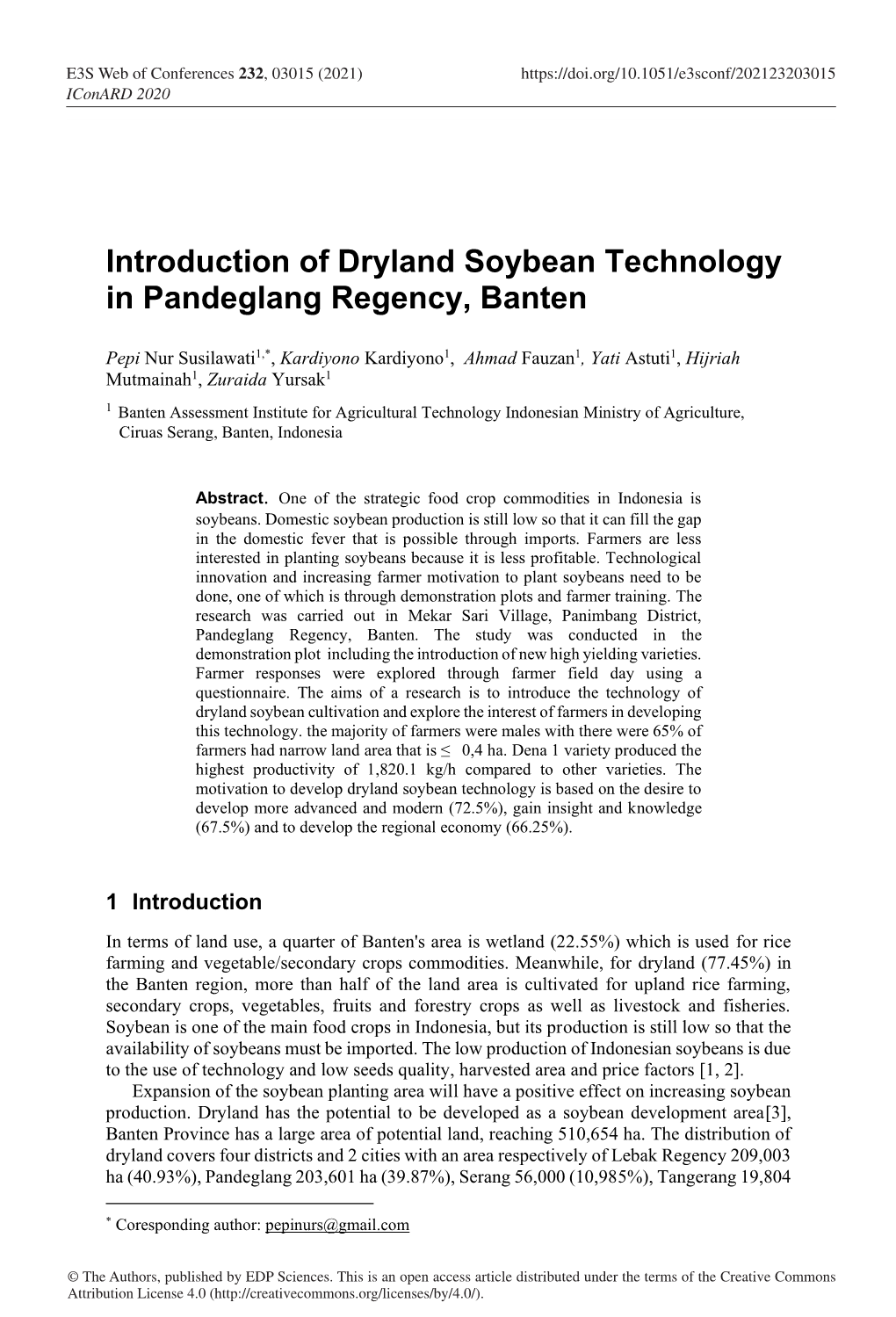 Introduction of Dryland Soybean Technology in Pandeglang Regency, Banten