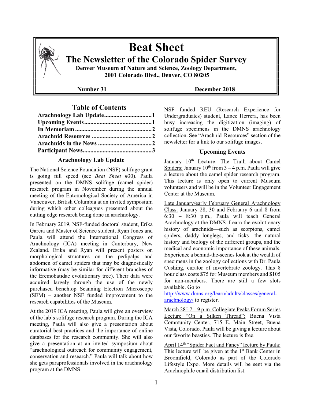 Beat Sheet the Newsletter of the Colorado Spider Survey Denver Museum of Nature and Science, Zoology Department, 2001 Colorado Blvd., Denver, CO 80205