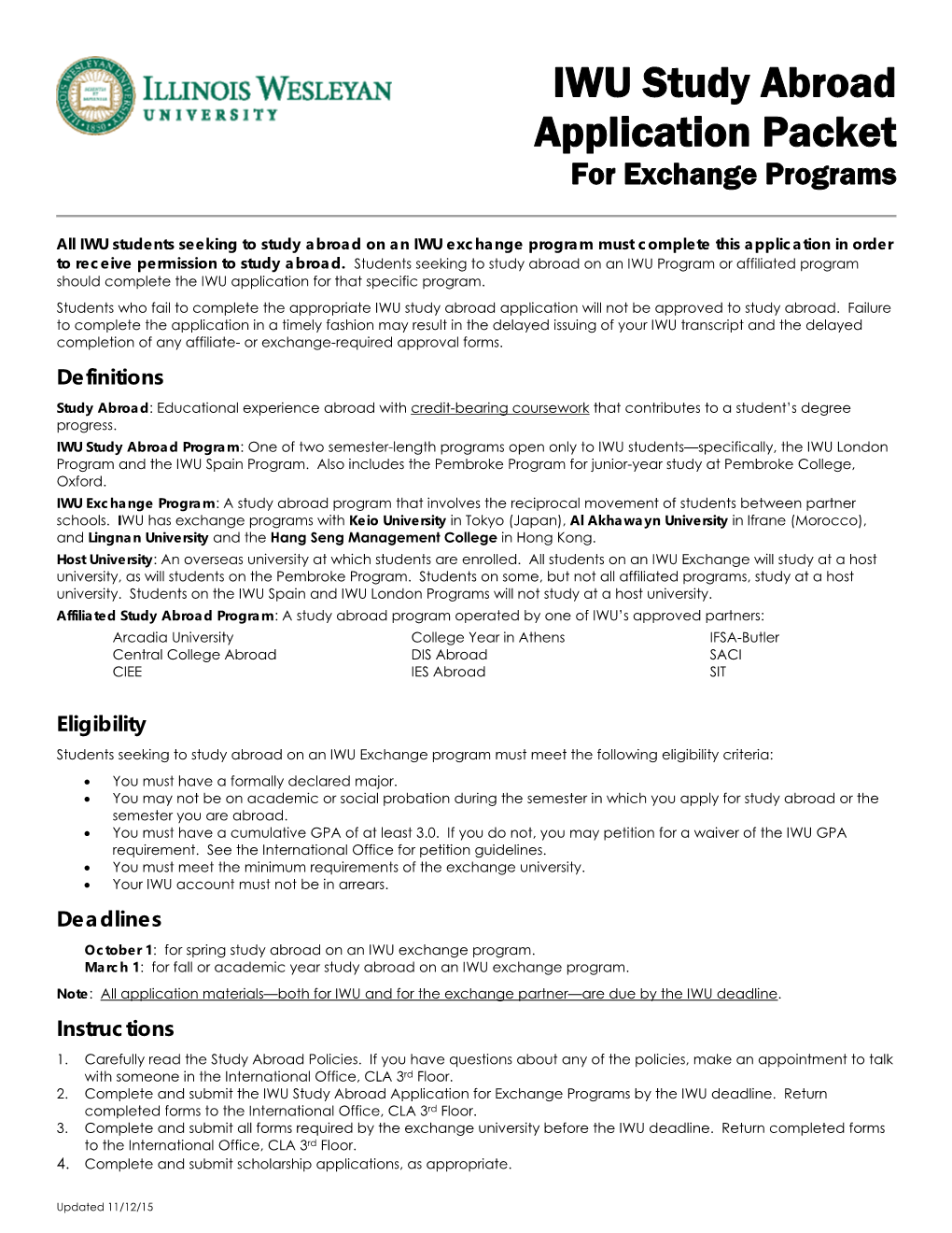 IWU Study Abroad Application Packet for Exchange Programs