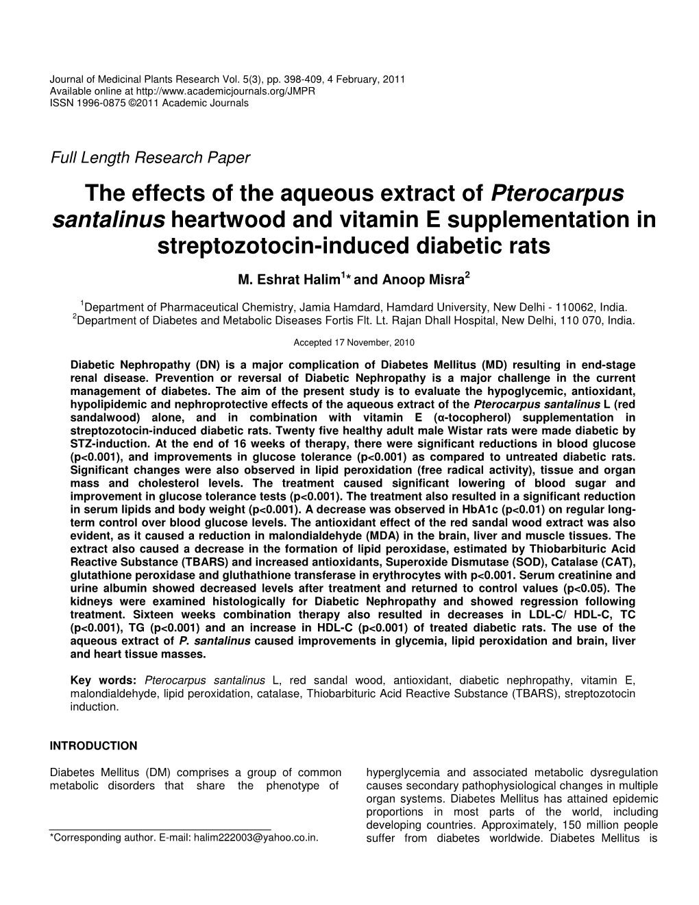 The Effects of the Aqueous Extract of Pterocarpus Santalinus Heartwood and Vitamin E Supplementation in Streptozotocin-Induced Diabetic Rats
