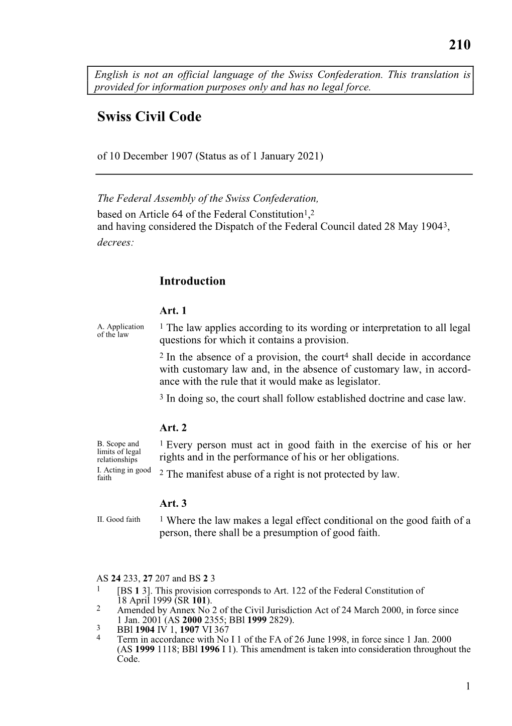Swiss Civil Code of 10 December 1907 (Status As of 1 January 2021)