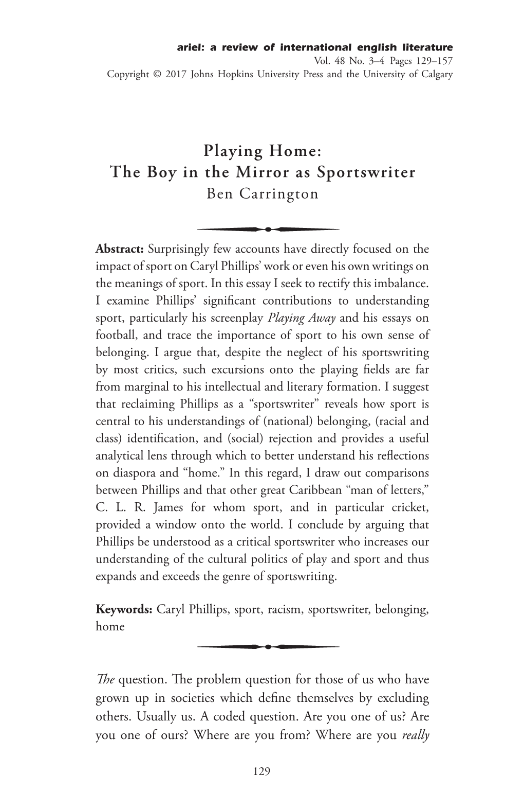 Playing Home: the Boy in the Mirror As Sportswriter Ben Carrington