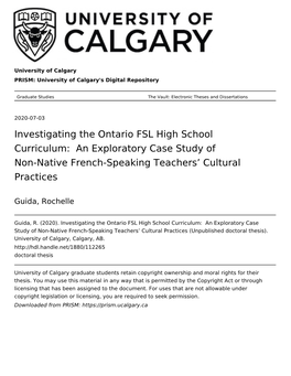 Investigating the Ontario FSL High School Curriculum: an Exploratory Case Study of Non-Native French-Speaking Teachers’ Cultural Practices
