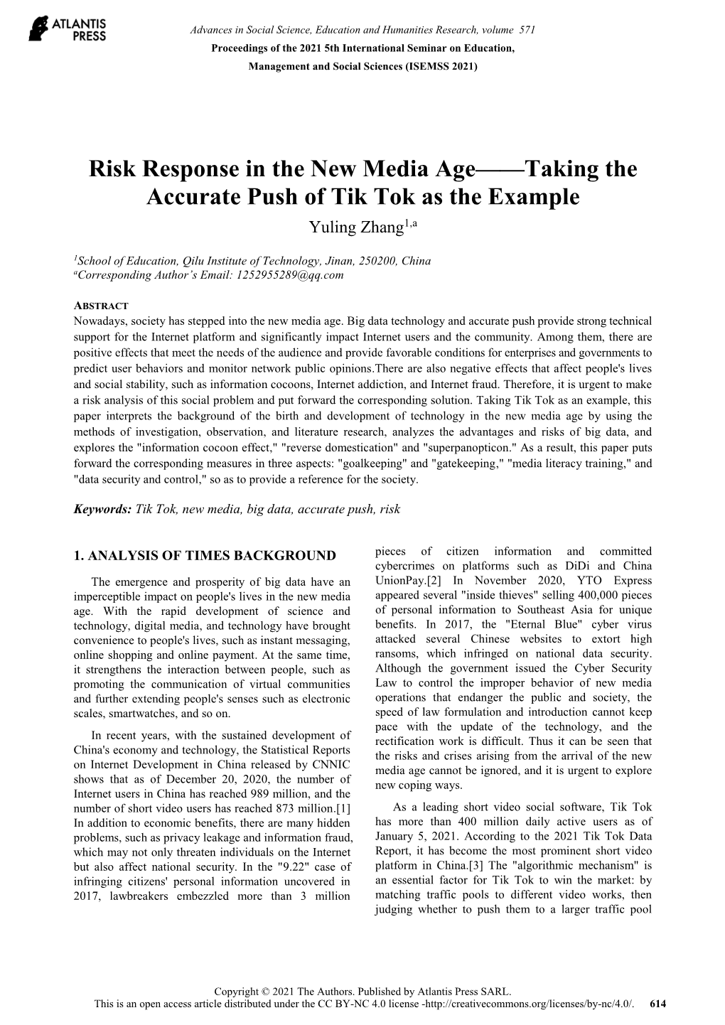 Taking the Accurate Push of Tik Tok As the Example Yuling Zhang1,A