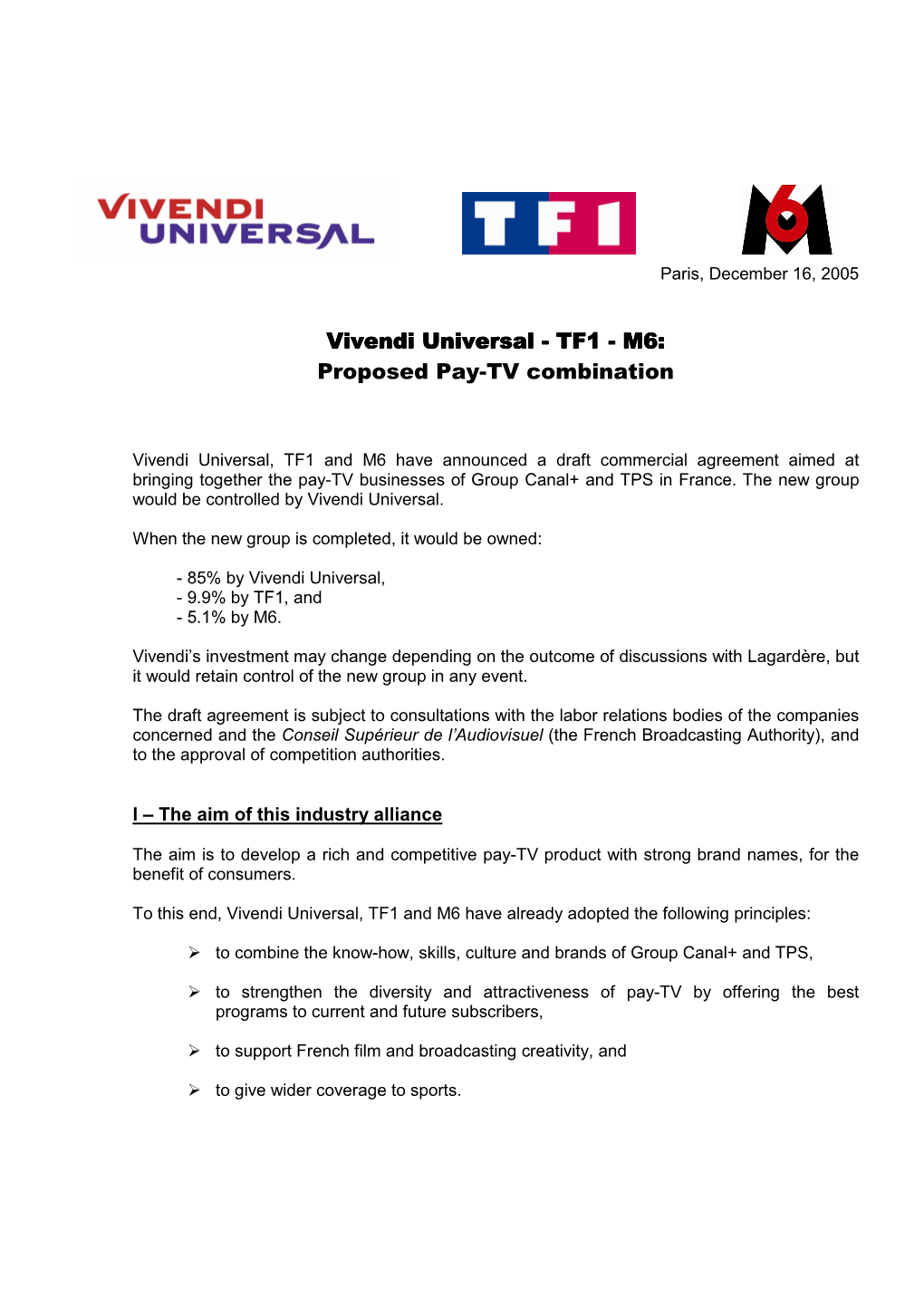 TF1 --- M6M6:::: Proposed Pay-TV Combination
