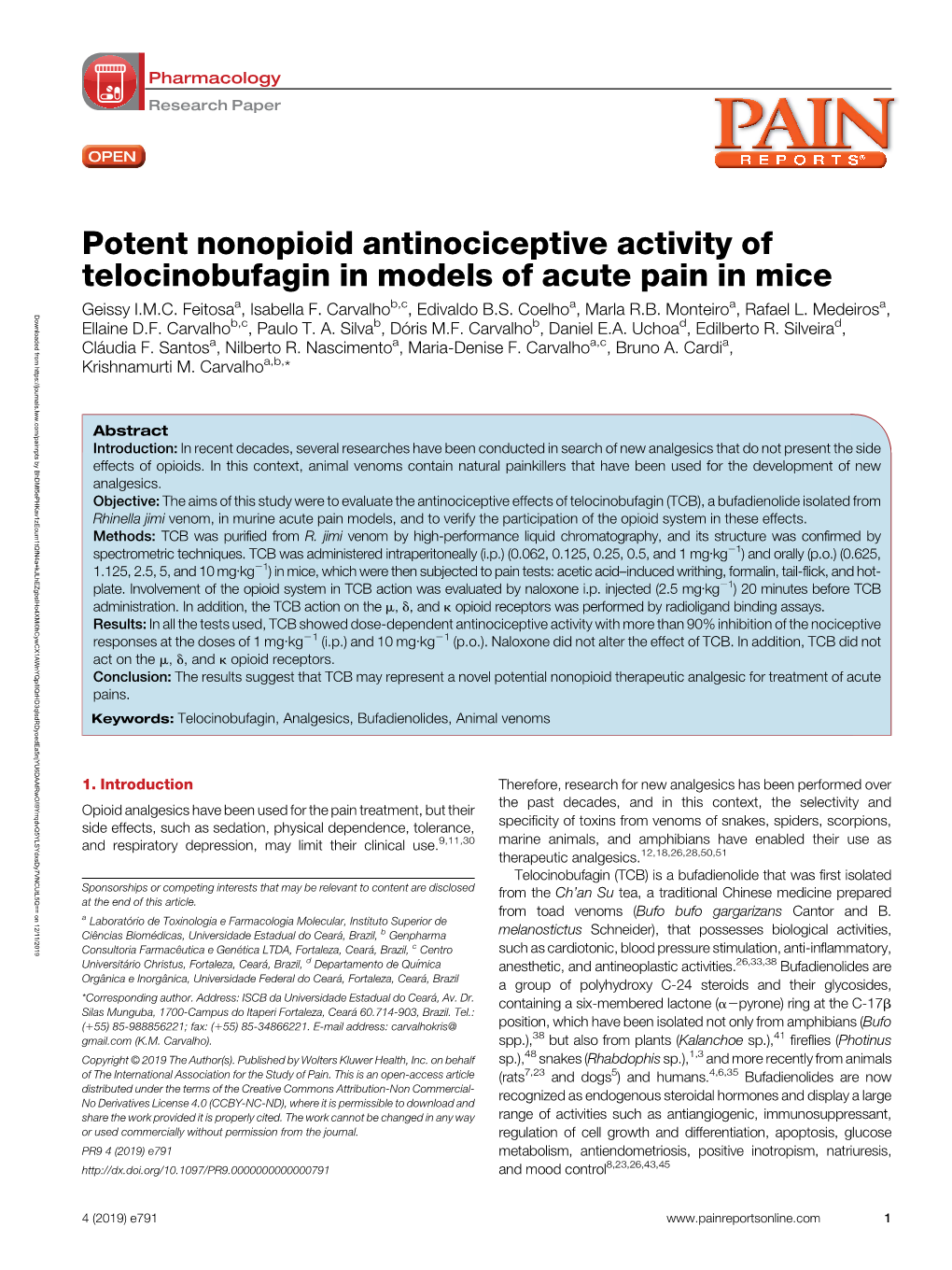 Potent Nonopioid Antinociceptive Activity of Telocinobufagin in Models