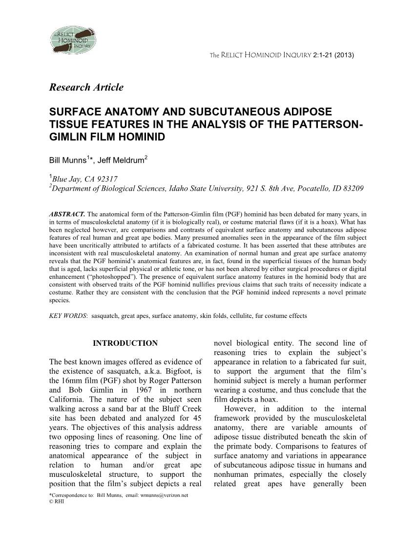 Surface Anatomy and Subcutaneous Adipose Tissue Features in the Analysis of the Patterson- Gimlin Film Hominid
