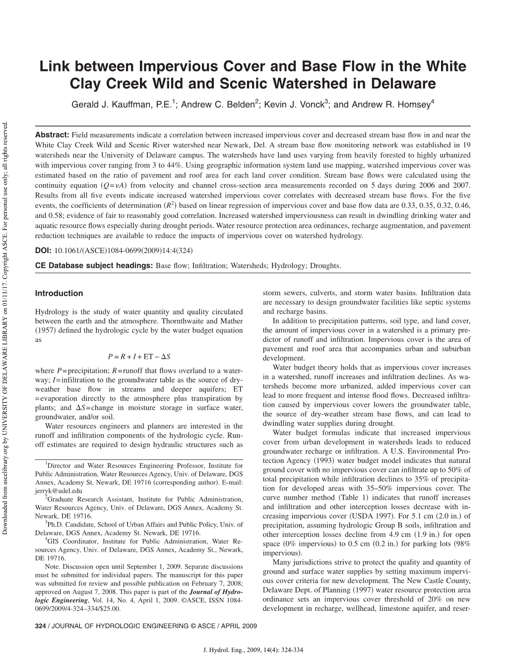 Link Between Impervious Cover and Base Flow in the White Clay Creek Wild and Scenic Watershed in Delaware Gerald J