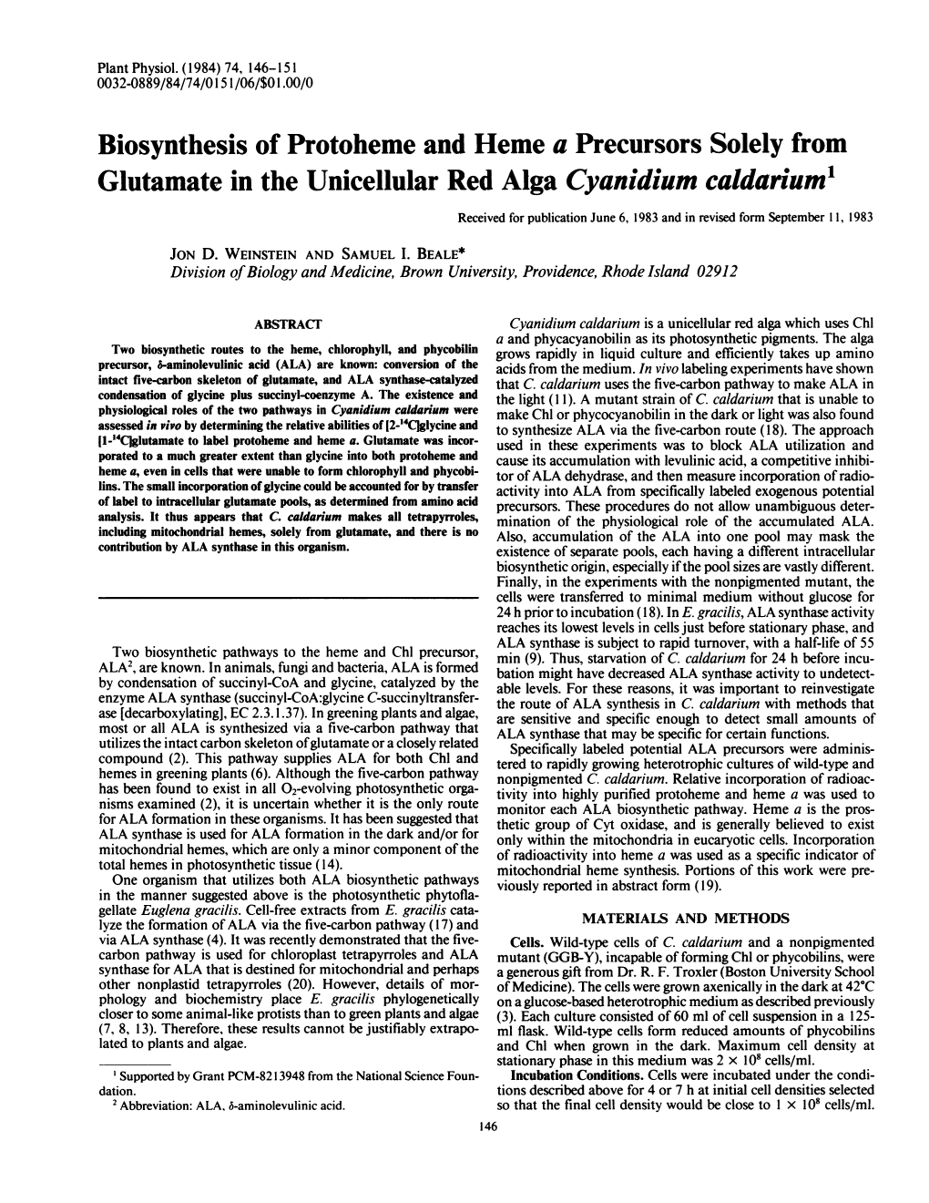 Glutamate in the Unicellular Red Alga Cyanidium Caldarium1 Received for Publication June 6, 1983 and in Revised Form September 11, 1983