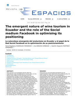 The Emergent Nature of Wine Tourism in Ecuador and the Role of the Social Medium Facebook in Optimising Its Positioning