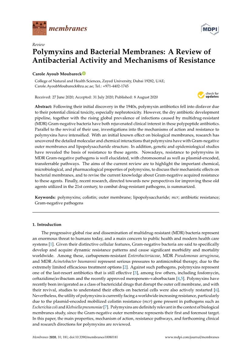 Polymyxins and Bacterial Membranes: a Review of Antibacterial Activity and Mechanisms of Resistance