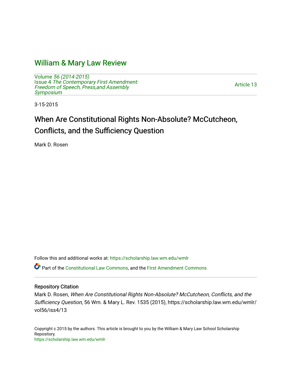 When Are Constitutional Rights Non-Absolute? Mccutcheon, Conflicts, and the Sufficiency Question