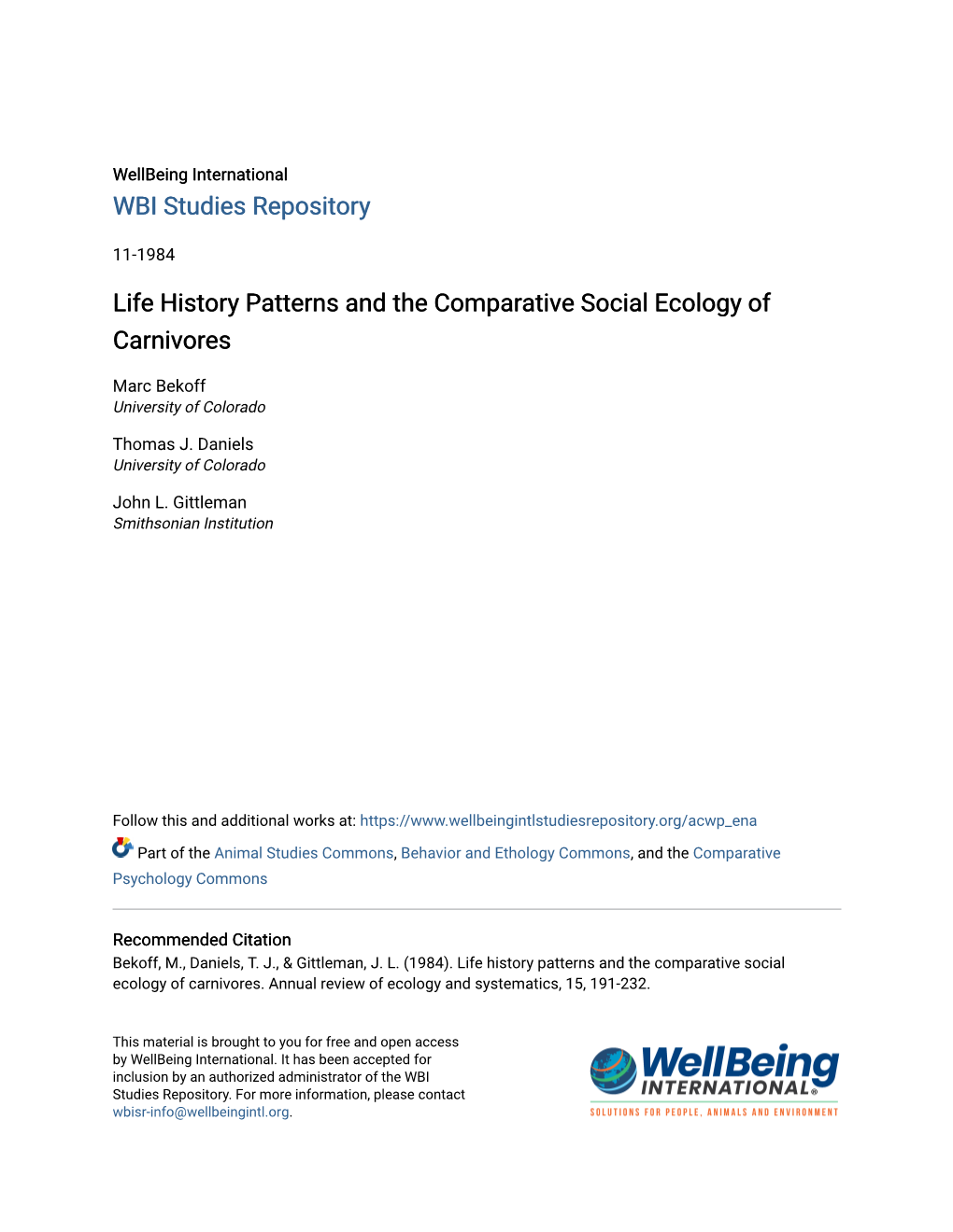 Life History Patterns and the Comparative Social Ecology of Carnivores