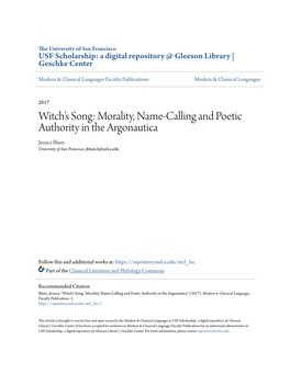 Morality, Name-Calling and Poetic Authority in the Argonautica Jessica Blum University of San Francisco, Jblum3@Usfca.Edu