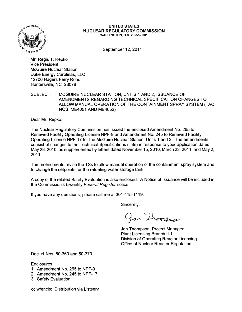 Mcguire Nuclear Station, Units 1 and 2, License Amendment, Issuance Of