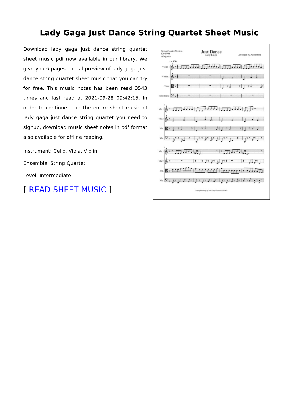 Lady Gaga Just Dance String Quartet Sheet Music