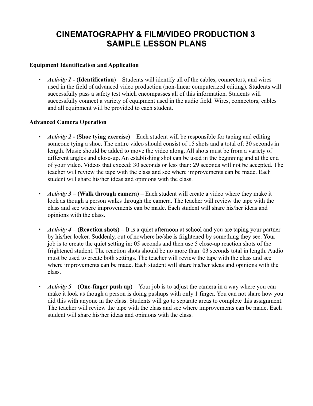 Cinematography & Film/Video Production 3 Sample Lesson