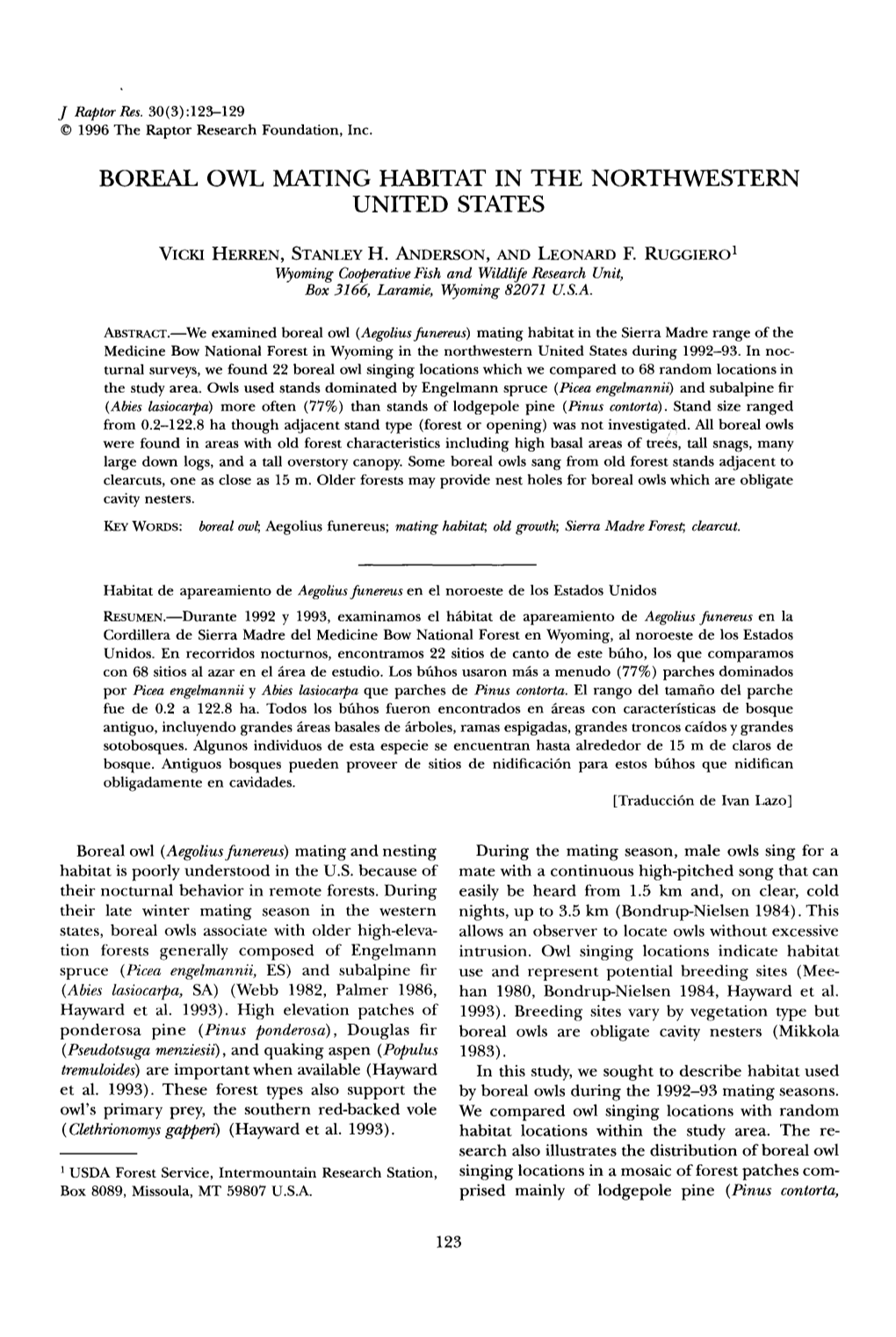 Boreal Owl Mating Habitat in the Northwestern United States