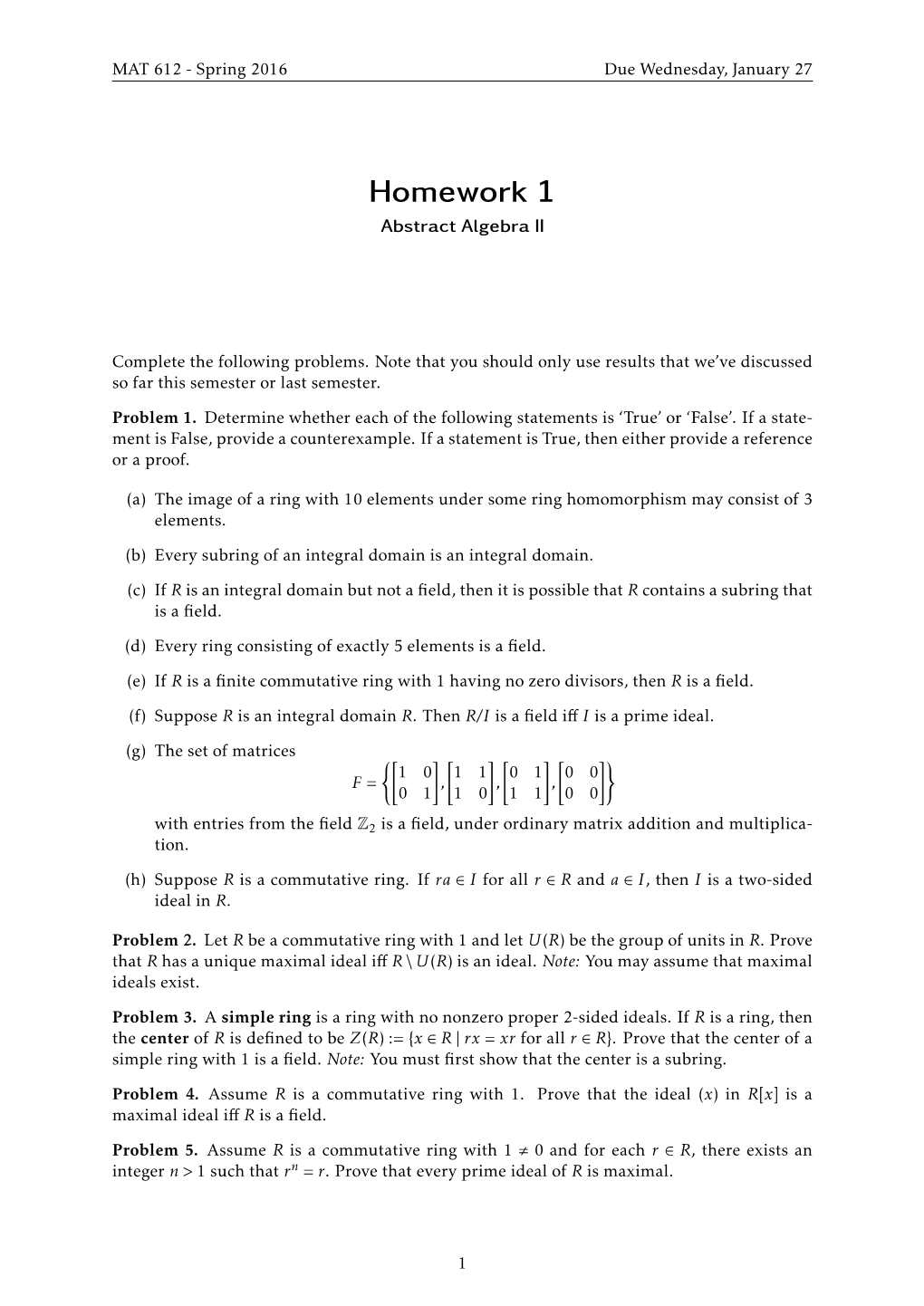 Homework 1 Abstract Algebra II