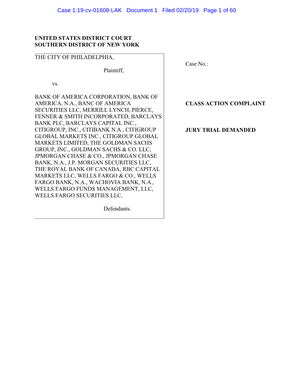 Case 1:19-Cv-01608-LAK Document 1 Filed 02/20/19 Page 1 of 60