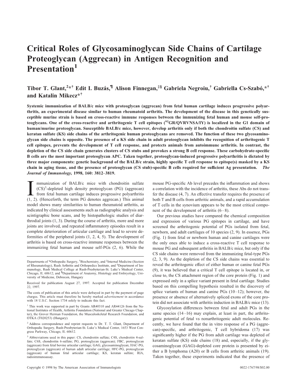Recognition and Presentation of Cartilage Proteoglycan (Aggrecan