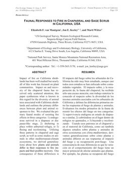 Faunal Responses to Fire in Chaparral and Sage Scrub in California, Usa