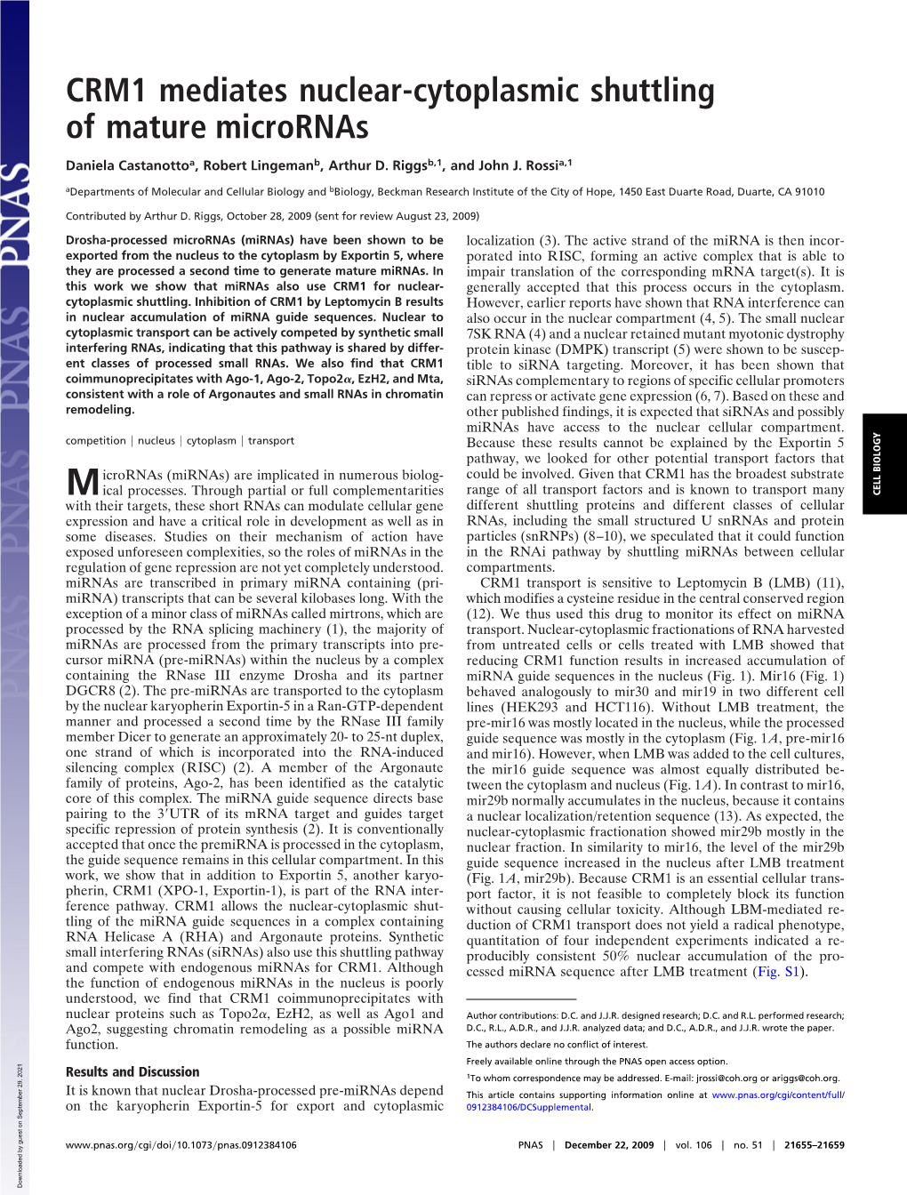 CRM1 Mediates Nuclear-Cytoplasmic Shuttling of Mature Micrornas