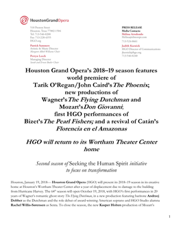 Houston Grand Opera's 2018–19 Season Features World Premiere Of