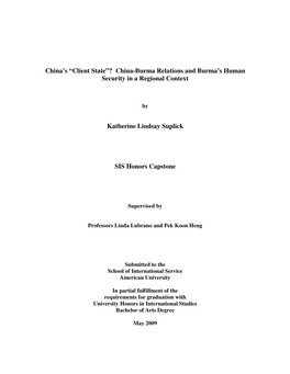 “Client State”? China-Burma Relations and Burma’S Human Security in a Regional Context