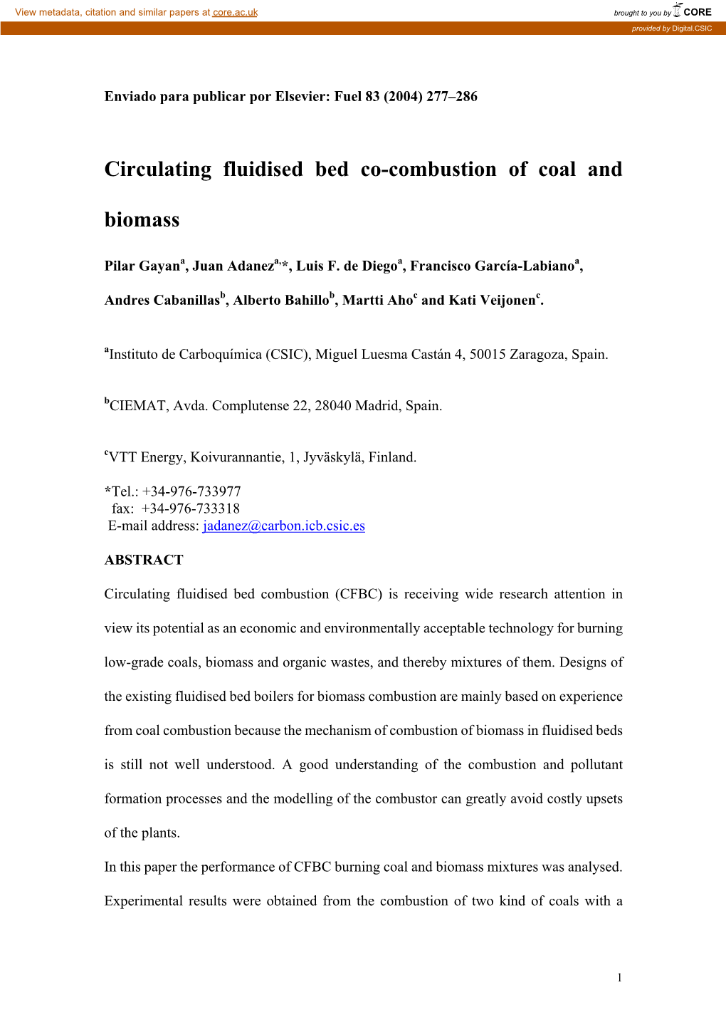 Circulating Fluidised Bed Co-Combustion of Coal and Biomass, Gayan Et Al