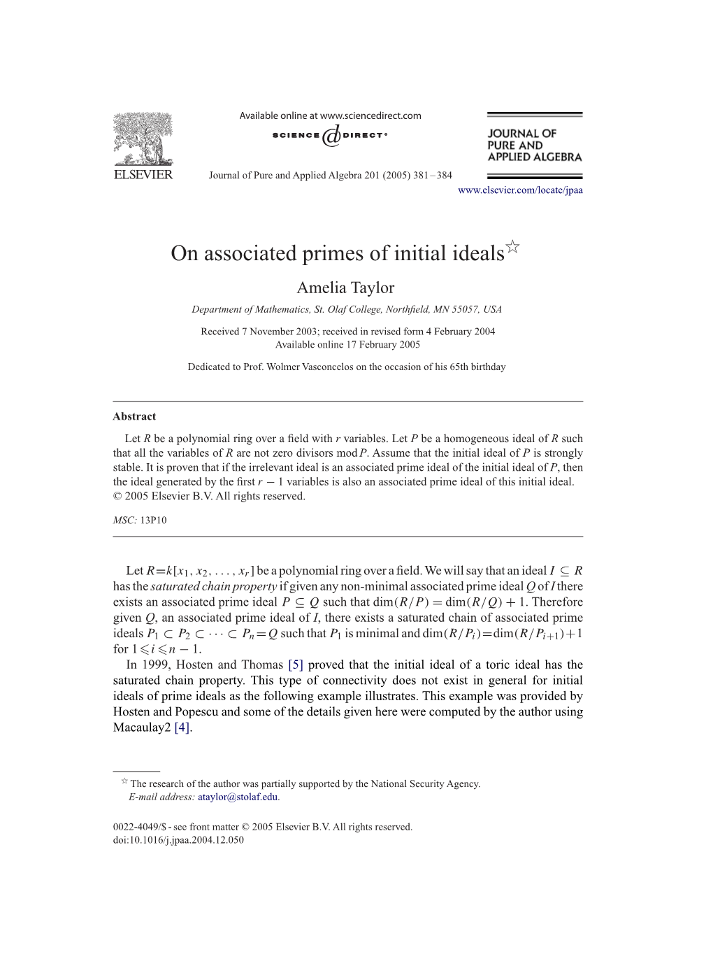 On Associated Primes of Initial Idealsଁ Amelia Taylor Department of Mathematics, St