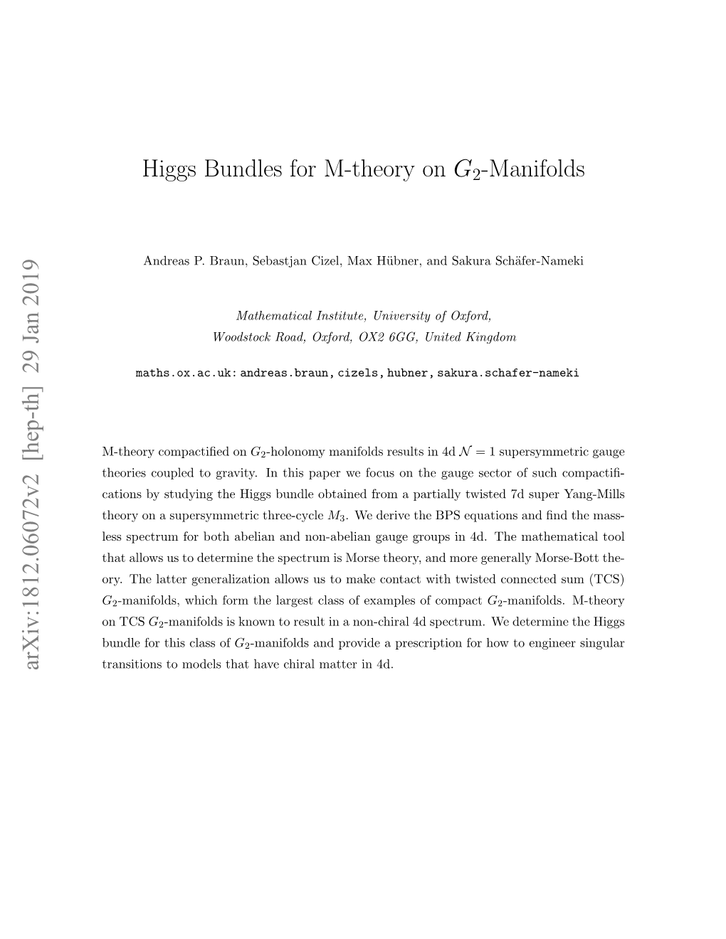 Higgs Bundles for M-Theory on G2-Manifolds Arxiv:1812.06072V2 [Hep-Th] 29 Jan 2019