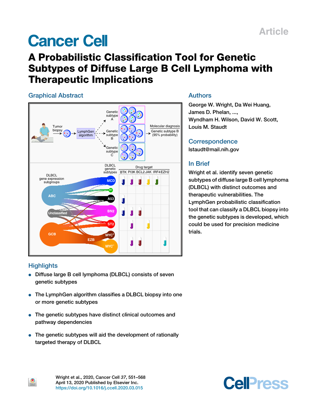 A Probabilistic Classification Tool for Genetic Subtypes of Diffuse Large